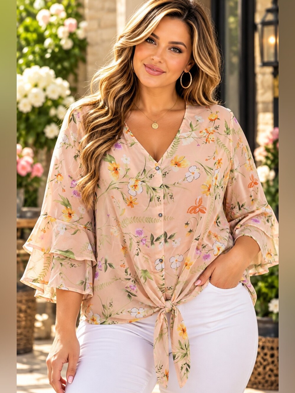 COCOMO Peach Floral Tiered Bell Sleeve Tie Front Blouse Size 2X NWT Chiffon 🍑🌸